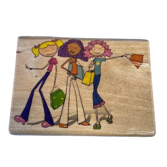 Wooden Rubber Stamp With Shopping Girl Trio Divas Friends - Picture 1 of 2